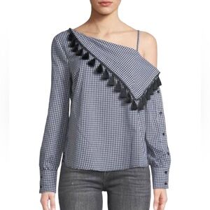 Marled by Reunited Black White Gingham Printed Cold-Shoulder Tassel-Trim Blouse